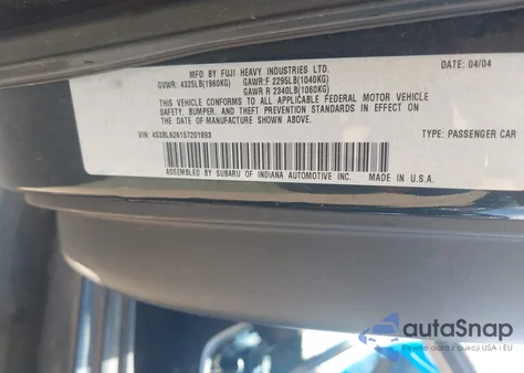 2005 Subaru Legacy 2.5I Limited z USA, uszkodzony, nr VIN 4S3BL626157201893